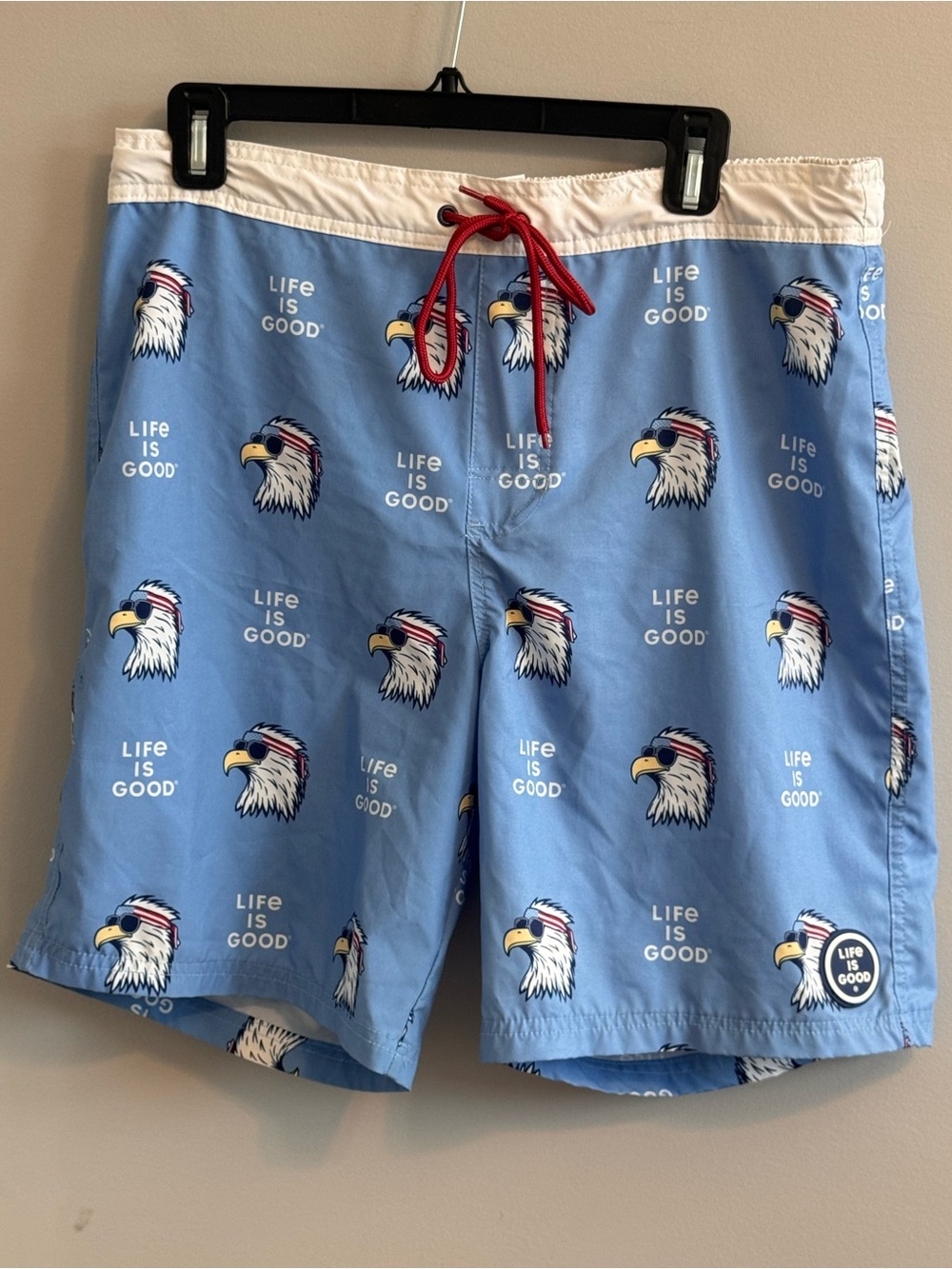 Life Is Good Swim Trunks Medium Eagle Graphic Blue Red White Board Shorts